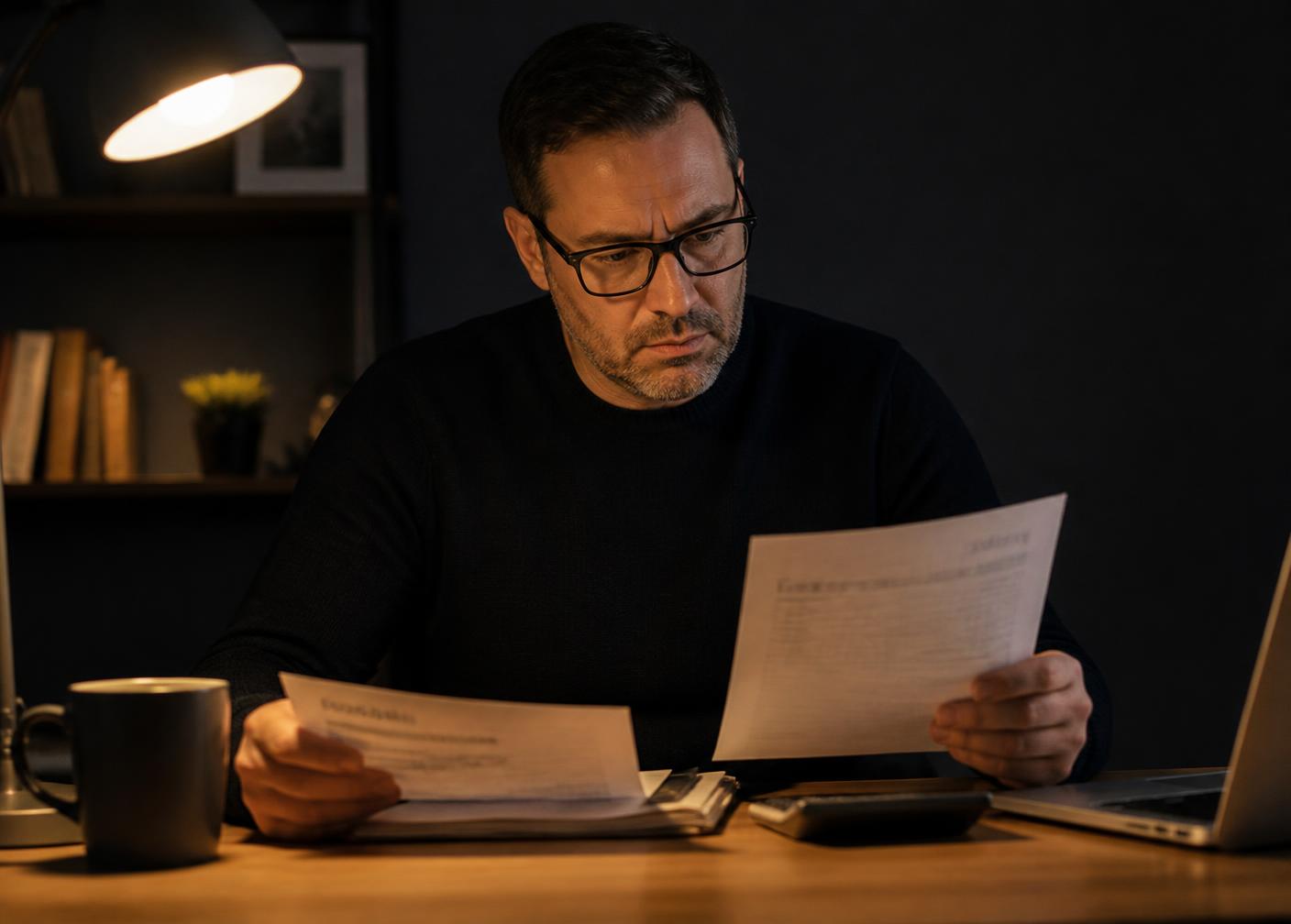 Company director reviewing unpaid invoices and bank statements
